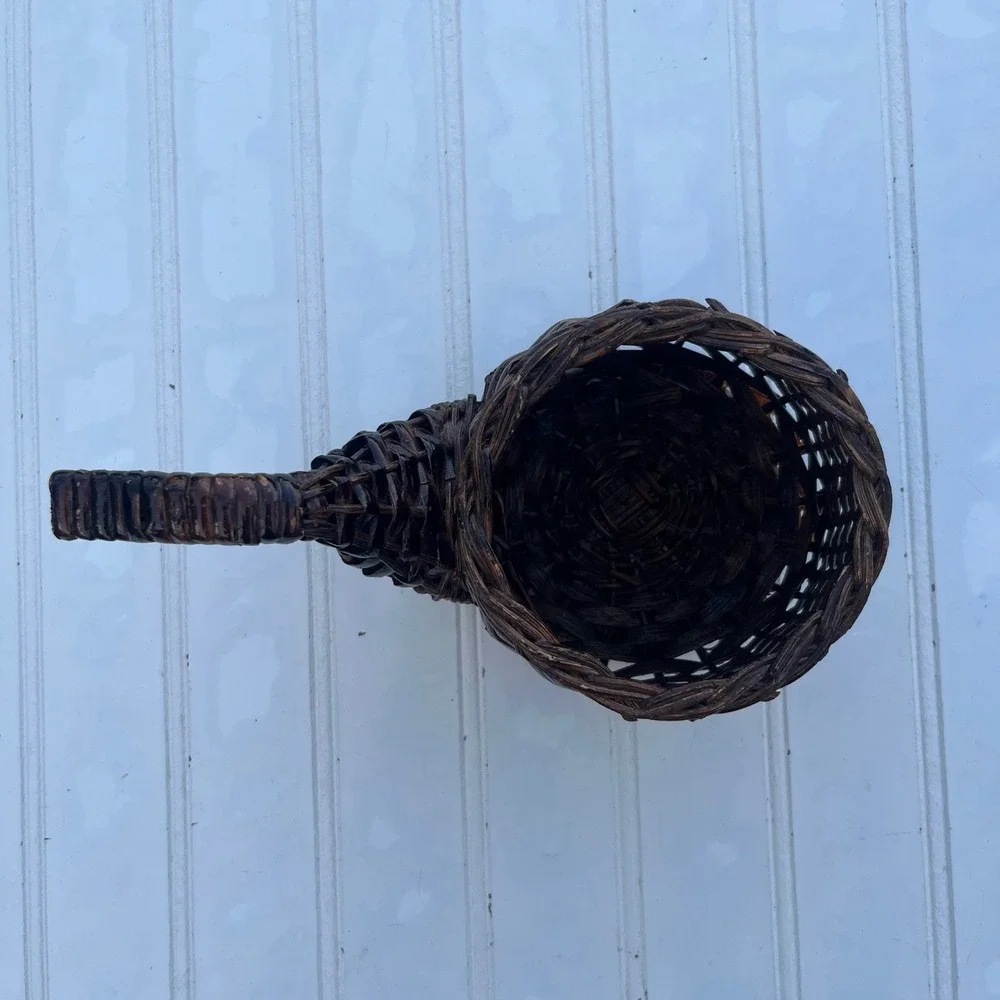 Vintage Dark Brown Wicker Smoking Pipe Shaped Basket Novelty Decor Wood Base